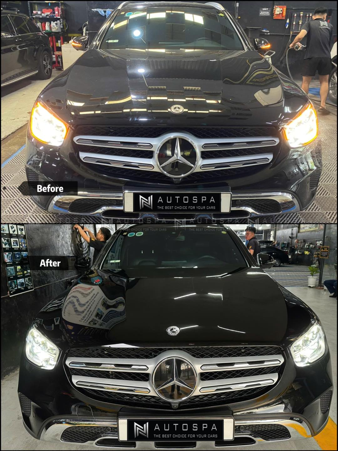 Hình ảnh trước-và-sau khi đánh bóng sơn cho xe SUV màu đen.