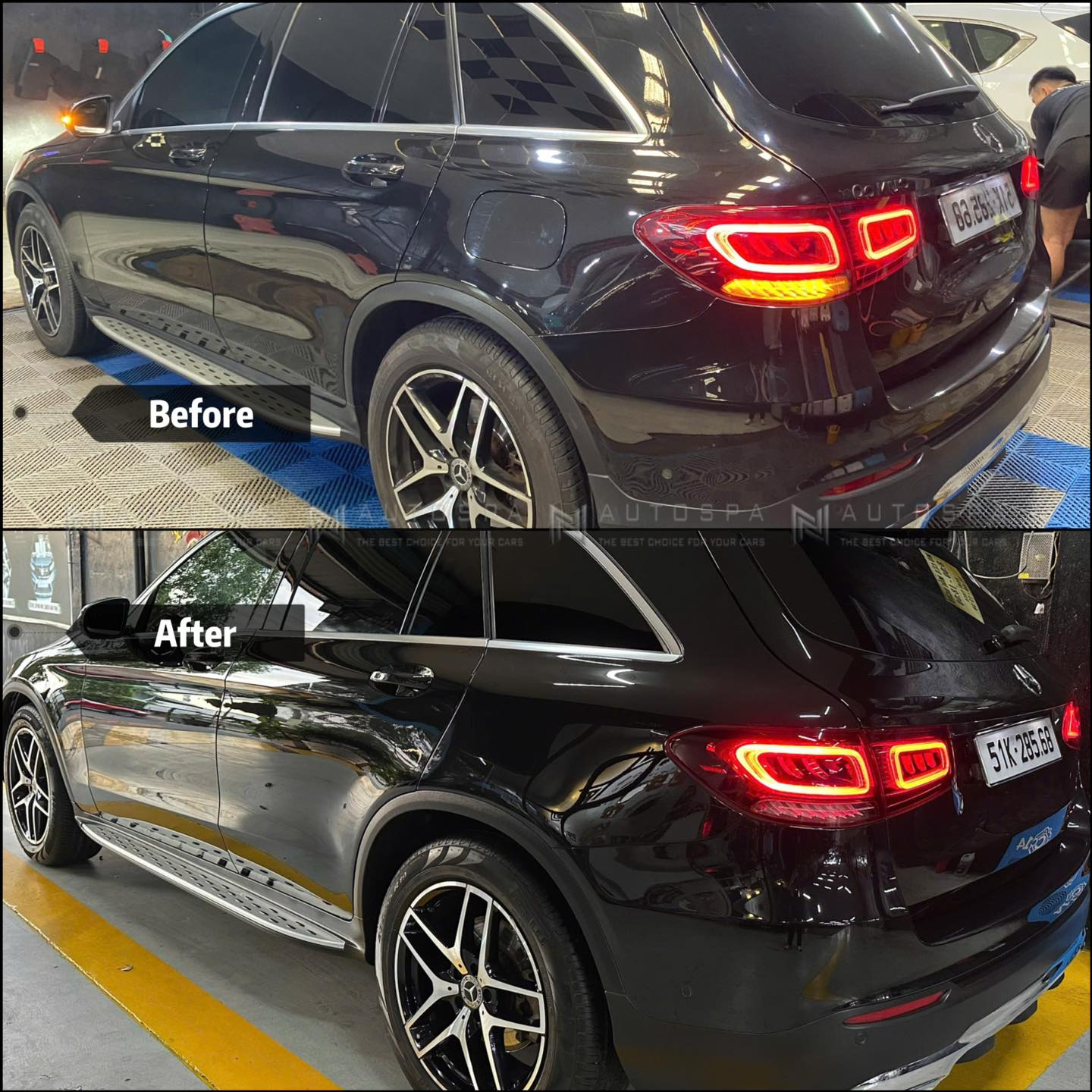 Hình ảnh trước-và-sau khi đánh bóng sơn cho xe SUV màu đen.